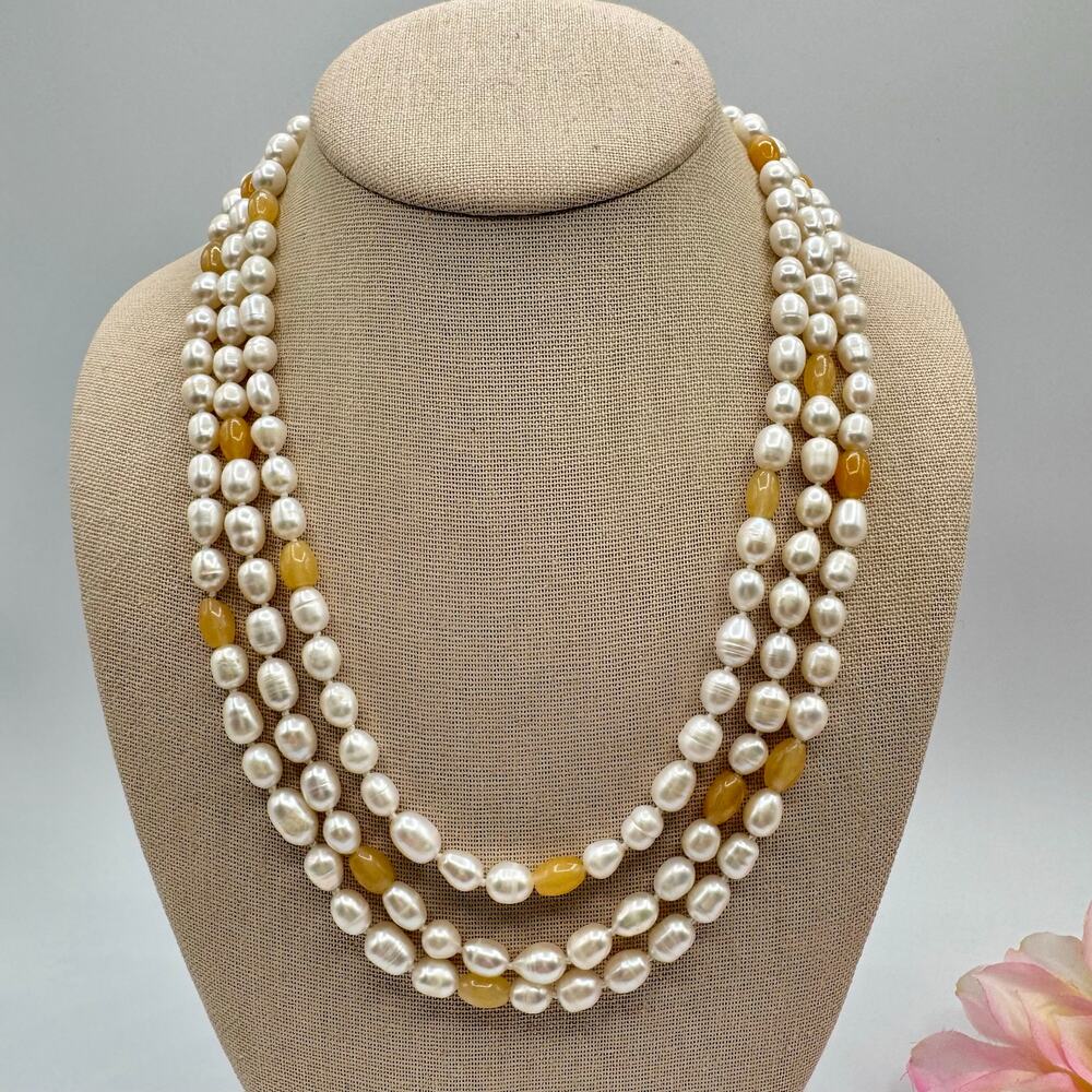 Flapper Length Cultured Pearl and Peach Gemstone Necklace Knotted Beachy Summery - Picture 2 of 16